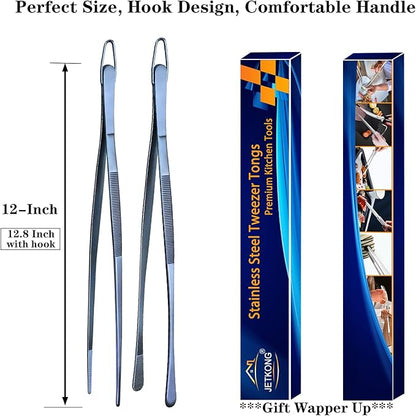 JETKONG 2 Pcs 12-Inch Cooking Tweezer Tongs Stainless Steel Kitchen Tweezers Plating Tongs (Navy Blue)