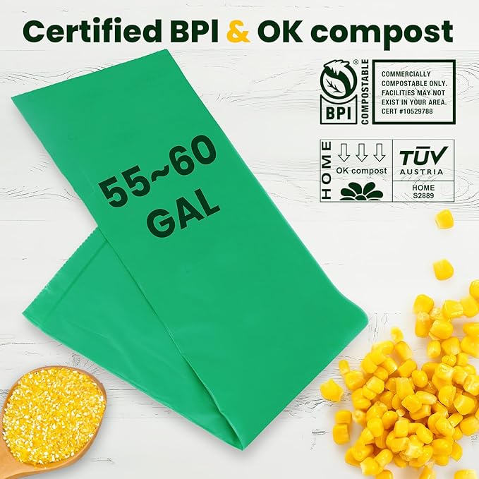 55-60 Gallon Compostable Trash Bags Liners, Heavy Duty Extra Thick 1.57 Mil, 208.2 Liter, 15 Bags, Lawn, Yard, and Restaurant Use, ASTM D6400, US BPI, OK Compost Home Certified
