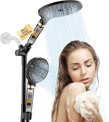 Filtered Rainfall Shower Head with Handheld Spray Combo, Dual Shower Head Combo High Pressure, Double Sprayer Filter Shower Head with Extra Long Hose & Adjustable Shower Arm (Black)