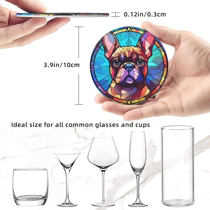 French Bulldog Stained Dog Breed Glass Art Leather Drinks Coasters