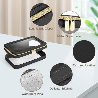 Travel Clear Makeup Bag with Makeup Brush Bag, Leather Makeup Case Toiletry Bag, Portable Cosmetic Bag Case, Transparent Waterproof Cosmetic Organizer Storage Bag for Women, Black