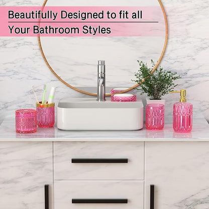 Hot-Pink Glass Bathroom Accessories Set 5 Pcs, Hot-Pink Bathroom Set, Soap Dispenser and Toothbrush Holder Set, Qtip Holder Set, Vintage Bathroom Sink Set, Cute Bathroom Decor