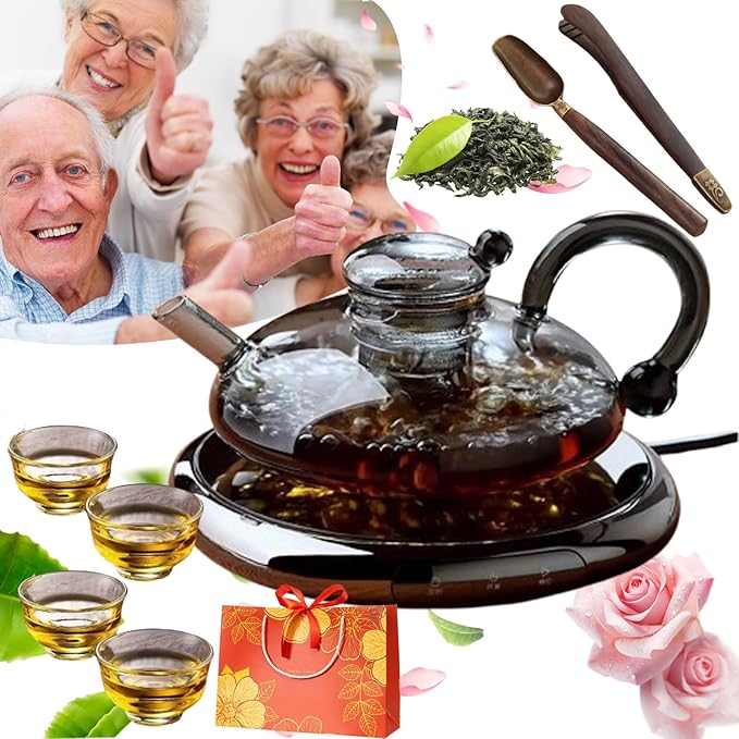 24 OZ Luxury Glass Teapot with Warmer, Automatic Electric Kettle with Tea Infuser, Teapot and Cup Set with Warmer, New Year Christmas Excellent Gift Idea for Tea Lovers (Gray set + 2 cups)