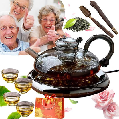 24 OZ Luxury Glass Teapot with Warmer, Automatic Electric Kettle with Tea Infuser, Teapot and Cup Set with Warmer, New Year Christmas Excellent Gift Idea for Tea Lovers (Gray set + 2 cups)