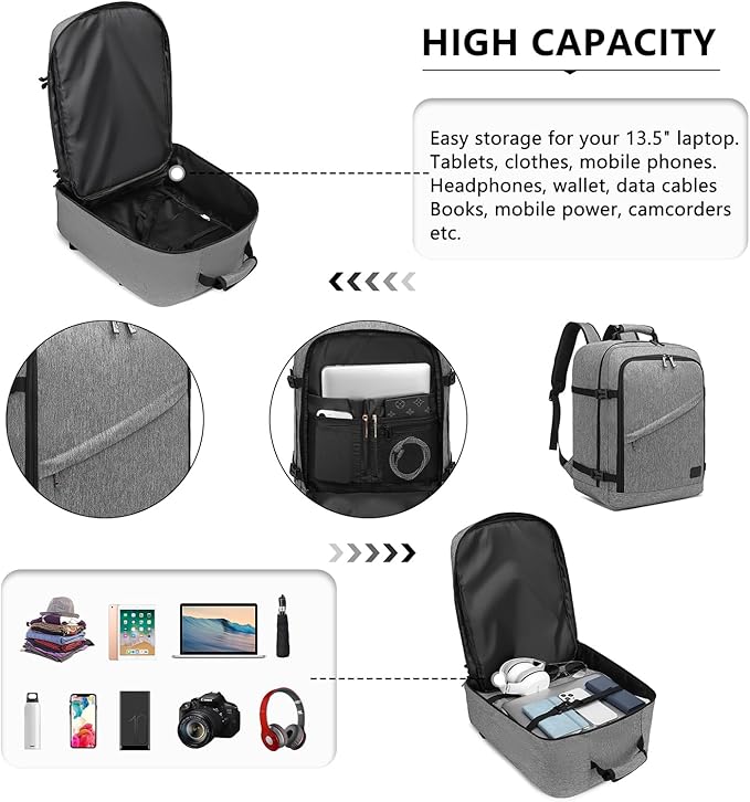 Kono Carry on Backpack, 18" Airplane Approved Under Seat Travel Backpack for Men and Women, Waterproof Lightweight Daypack for Flight 30L (Grey, Medium)