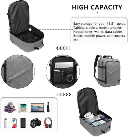 Kono Carry on Backpack, 18" Airplane Approved Under Seat Travel Backpack for Men and Women, Waterproof Lightweight Daypack for Flight 30L (Grey, Medium)