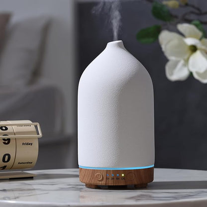 200ML Ceramic Essential Oil Diffuser - Ultrasonic Aromatherapy & Humidifier with 7-Color LED Lights, Auto Shut-Off, Wood Grain Base, 1H/3H/6H Timer | Scent for Home, Office, Yoga