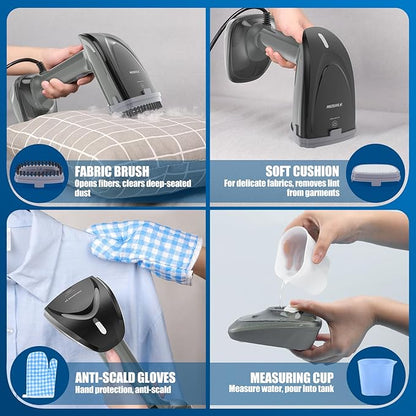 Powerful Handheld Fabric Steamer - 1800W with Fast Ceramic Heat-Up Plate, 2-in-1 Ironing & Wrinkle Remover, Steam Nozzle, Lint Brush - Gray, for US 120V Only