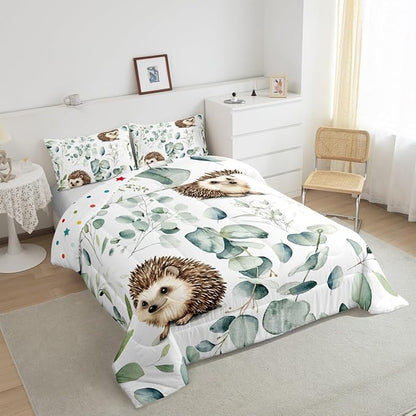 Erosebridal Cute Hedgehog Toddler Comforter Set for Kids Child Green Eucalyptus Bedding Set, Woodland Animal Bedding Comforter Sets Plant Leaves Duvet Set, Cartoon Wildlife Quilted Comforter