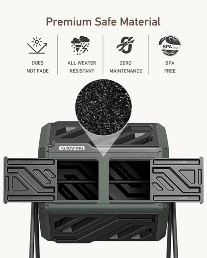 THEGROW'ING Updated 43 Gallon Compost Bin Outdoor, Fast Assemble Tumbling Composter, Dual Chamber Composter Tumbler, Rotating Compost Bin for Outside, Backyard, Garden and Yard, Green