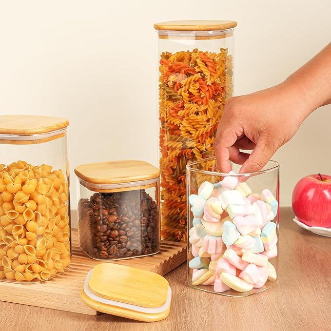 37 oz Glass Food Storage Jars - Set of 6 Glass Canister Sets Square Pantry Storage Containers with Lids for Serving Tea, Coffee, Flour, Sugar, Candy, Cookie, Spice and More