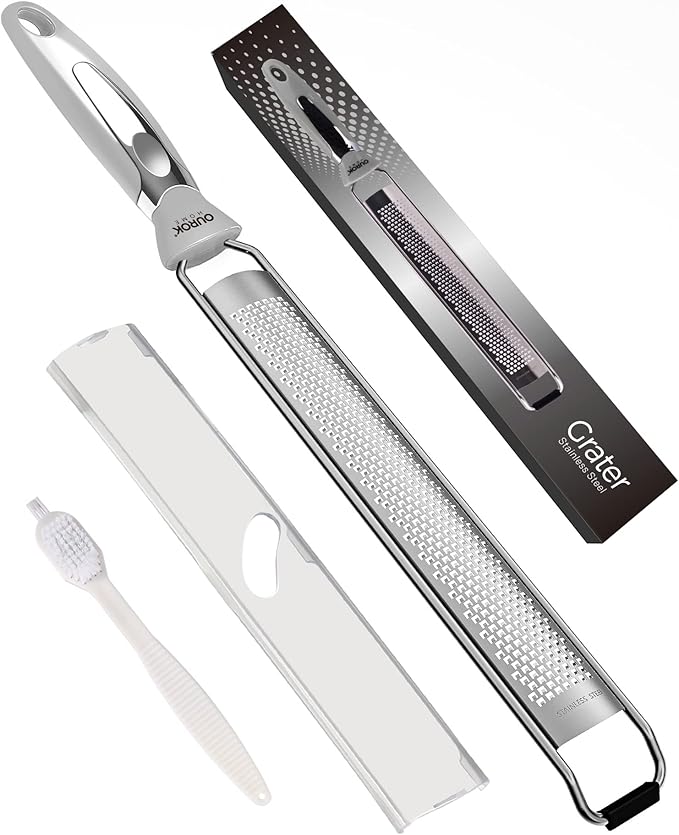 Ourokhome Kitchen Lemon Zester, Stainless Steel Hand Held Parmesan Cheese Grater for Ginger, Chocolate, Coconut, Lime, Nutmeg, Citrus, Fruit, Vegetable with Cleaning Brush, Dishwasher safe, Gray