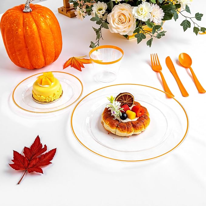 SUT 350Pcs Orange and Clear Plastic Dinnerware Set