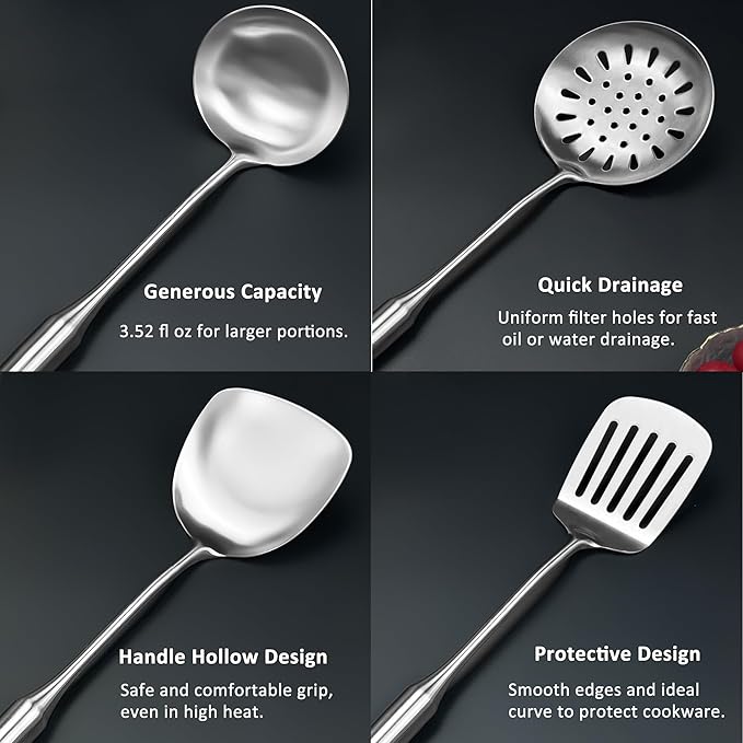 18/8 Stainless Steel Kitchen Utensils Set, 4 PCS 15in Metal Cooking Utensil Gadgets Tools Set with Spatula, Deep Ladle, Skimmer, Slotted Spatula Turner, Dishwasher Safe (4Pack)