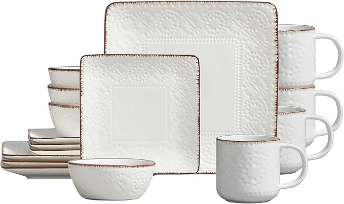 ONEMORE Ceramic Dinnerware Set, 16PCS Square Plates, Bowls & Cups Set - Scratch Resistant, Dishwasher Safe Kitchen Dishes, Ceramy White
