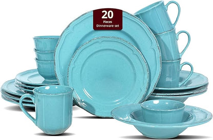 20pc Dinnerware Set, Plate and Bowl Set, Stoneware Dishes Set for 4, Microwave and Dishwahser Safe, Scratch Resistant, French Countryside Speckled Turquoise