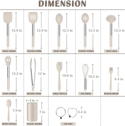 E-far Silicone Cooking Utensils Set, 14-Piece Khaki Kitchen Utensils Set with Holder, Kitchen Tools Spatulas with Stainless Steel Handle for Non-stick Cookware, Heat Resistant & Dishwasher safe