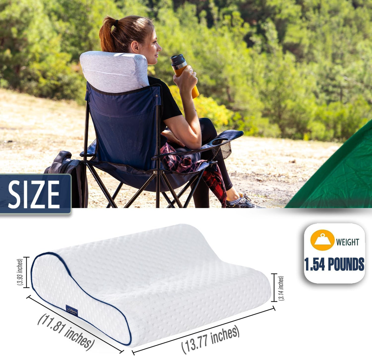 Travel & Camping Comfortable Memory Foam Pillow – Easy to Carry Portable Bag – Temperature Regulating Pillow Case (White Contour + Extra Cover)