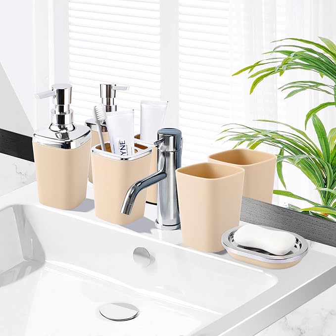 Beige Bathroom Set, Plastic 9-Piece Bathroom Set with Trash Can, Soap Dispenser, Toothbrush Holder, Toothbrush Cup, Soap Dish, Toilet Brush, Tray and Q-tip Holders for Bathroom/Housewarming