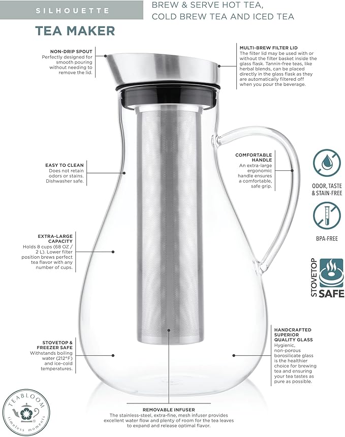 Teabloom Large Multi-Brew Glass Teapot + Kettle + Pitcher (68 OZ / 2.0 L / 8 CUPS) – Brew and Serve Hot Tea, Iced Tea, Cold Brew Tea and Fruit Infused Water – Silhouette Tea Maker