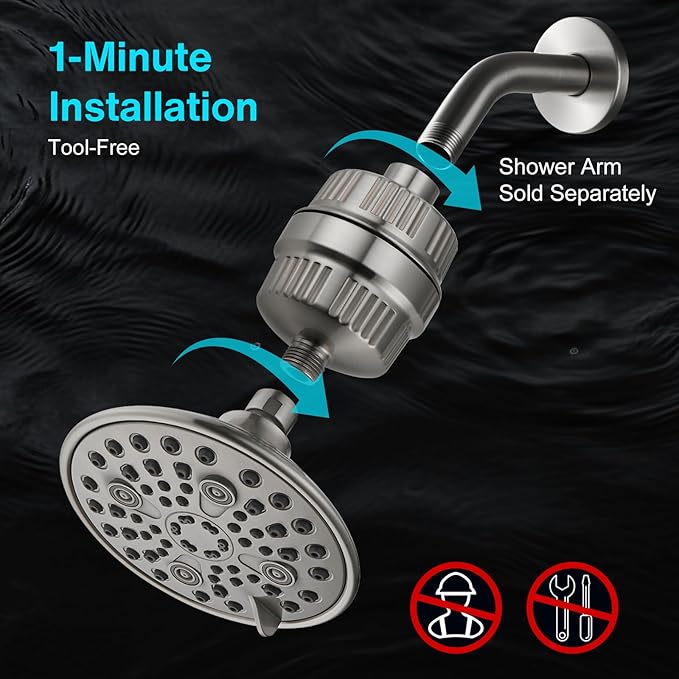Cobbe 6-Setting High Pressure Filtered Shower Head Combo, Detachable Rain Shower Head with 20 Stage Shower Head Filter for Hard Water - Remove Chlorine and Harmful Substances, Brushed Nickel