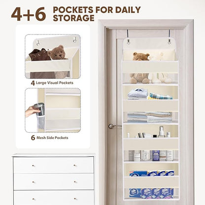 QINGUANG Over The Door Organizer,Hanging Organization and Storage, Behind Door Organizer with Side Pockets, 35 lbs Capacity,Anti Tilt, for Nursery, Bathroom, Bedroom,Dorm 4-Shelf Beige