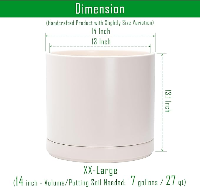 D'vine Dev 14 Inch Ceramic Planter Pot with Drainage Hole and Saucer, Indoor Cylinder Round Planter Pot, Oatmeal, 94-O-G-8
