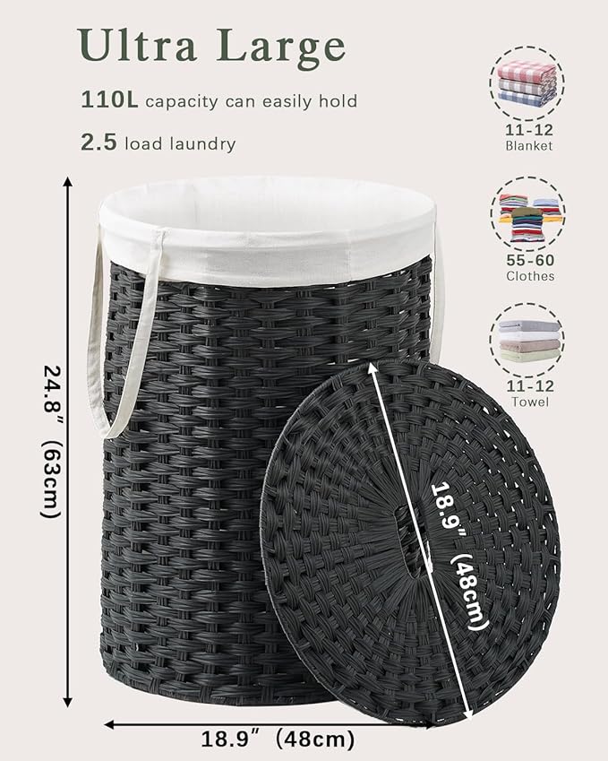 Laundry Basket with Lid Round Rattan Laundry Hamper with Lid and Handles 29.1 Gal (110 L) Handwoven Woven Basket with Removable Bags and 2 Mesh Bags for Bathroom Living Room Black