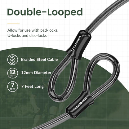 Titanker Bike Lock Cable,12mm Thick Security Cable with Loops Heavy Duty Steel Cable Vinyl Coated Bike Cable Lock Security Chain (4ft, 7ft, 15ft, 30ft)