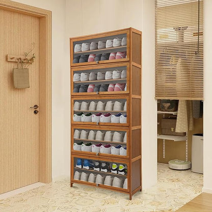 11Tier Bamboo Shoe Cabinet Shoe Storage Cabinet with Doors Freestanding Bamboo Shoe Rack Organizer with Shelves Tall Shoe Cabinet with Clear Doors for Entryway, Hallway, Closet, Living Room