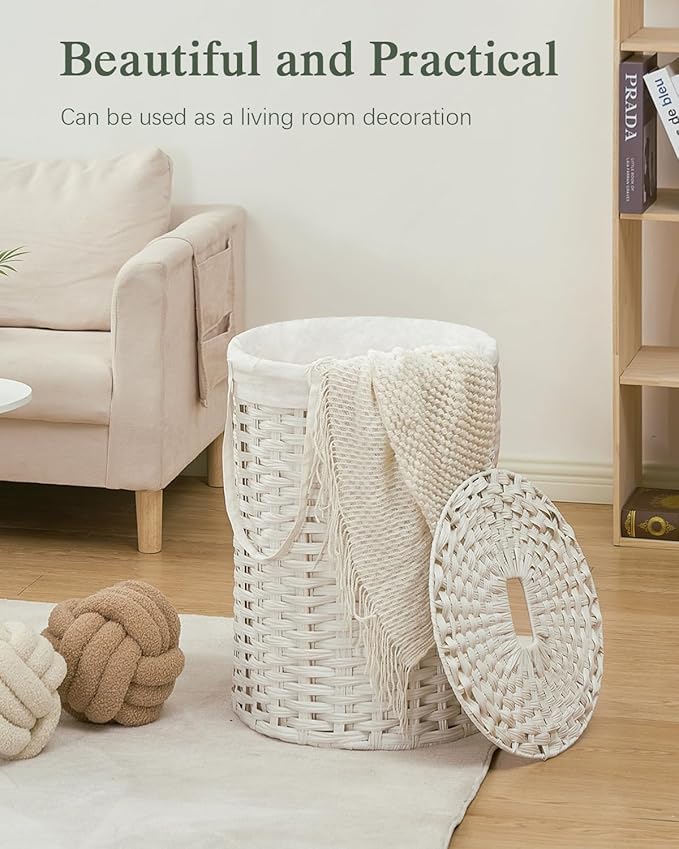 Laundry Hamper with Lid Laundry Basket with Lid 19.0 Gal (72 L) Round Wicker Laundry Basket Handwoven Rattan Basket with Lid Removable Bag 2 Mesh Bags Handles for Living Room Bathroom White