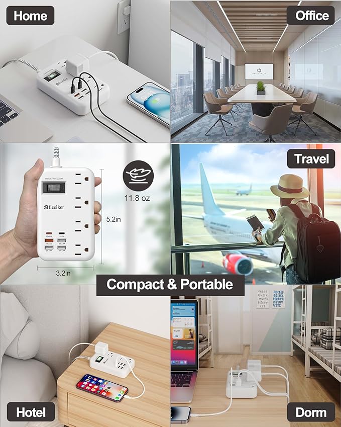 45W USB C Travel Power Strip- PD 45W Fast Charging Station with 6 USB(2 USB C) Ports and 4 Outlets,5Ft Flat Plug Braided Extension Cord Surge Protector for MacBook Laptops iPad Pro iPhone Samsung 13A