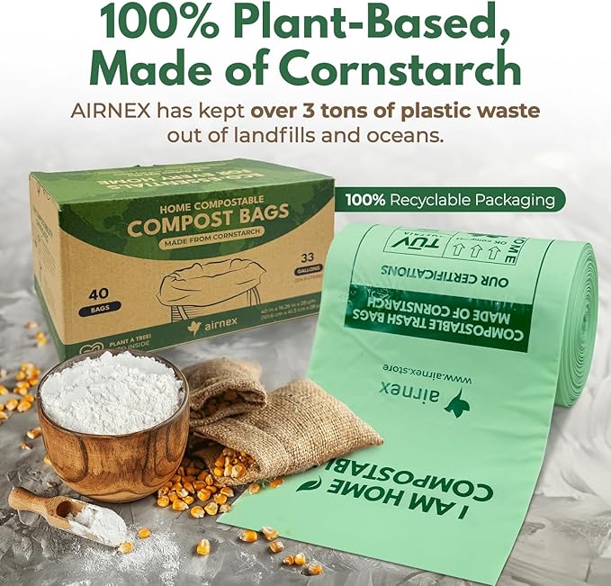 Compostable Kitchen Trash Bags 33 Gal - Cornstrarch Leakproof & Tear Resistant 40 Compost Bags - OK Compost Home & Seedling Certified 0.28 mm Kitchen Garbage Bags