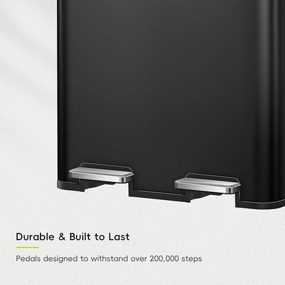 EKO Edison 8+8 Gallon Dual Trash Can for Recycling and Trash, Stainless Steel Kitchen Step Can with Dual Removable Inner Bucket, Independent Lids and Pedals, Black