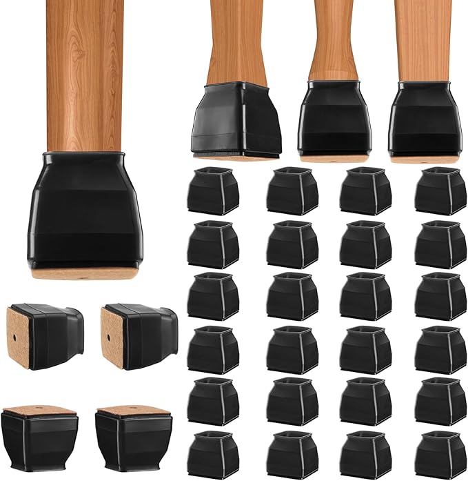 BALEINE 24 Pack Silicone Chair Leg Floor Protectors, Stool Leg Protectors Cap, Non-Slip Chair Leg Caps for Hardwood Floors (Black & Large (Square), 24 Pack)
