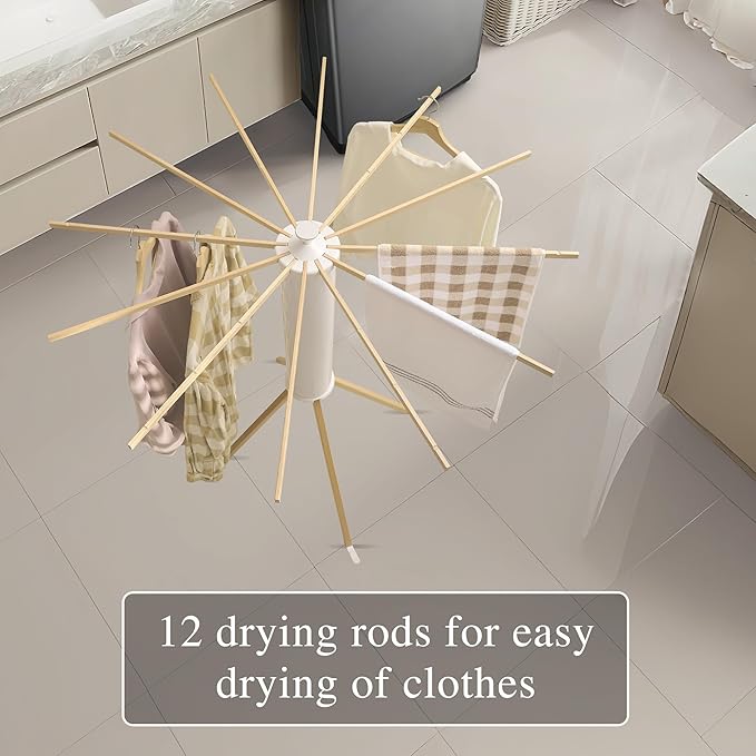 LEQ Drying Rack Portable,Foldable Drying Rack Clothing with 12 Wood Drying Arms, Standing Laundry Hanger Rack Round Collapsible & Portable Handle for Laundry Room, Balcony, Bedroom, RV