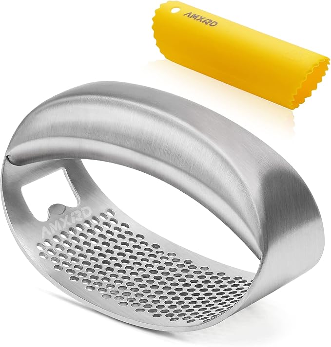 Garlic Press Rocker & Silicone Peeler, Stainless Steel Garlic Mincer Crusher Squeezer Kitchen Tool
