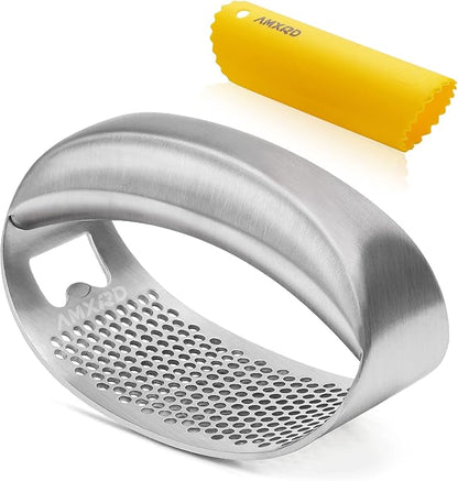 Garlic Press Rocker & Silicone Peeler, Stainless Steel Garlic Mincer Crusher Squeezer Kitchen Tool