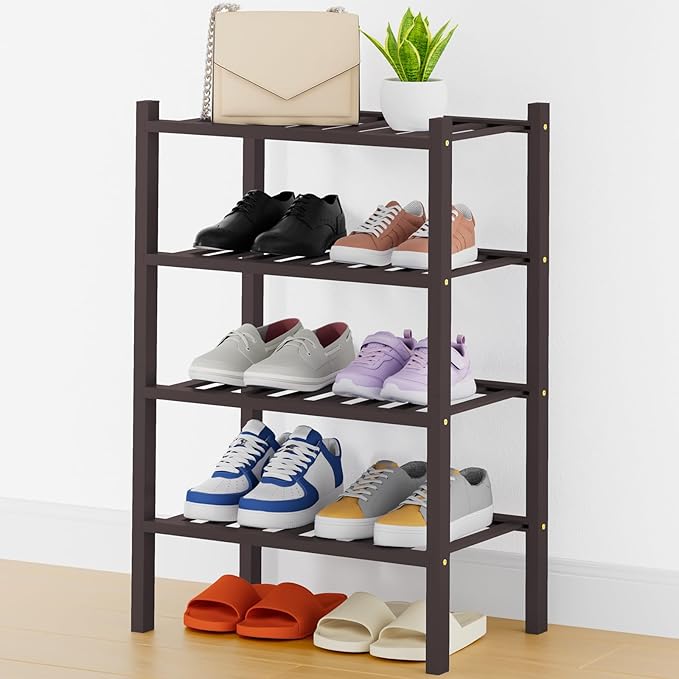 Smiry Shoe Rack, 4 Tier Thick Small Bamboo Shoe Organizer, Stackable Free Standing Wooden Shoe Storage Shelf for Closet, Entryway, Front Door Entrance, Brown