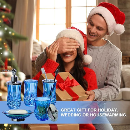 Bathroom Accessories Set,5 Pcs Blue Glass Bathroom Accessory Set,Complete Lotion Soap Dispenser,Toothbrush Holder,Soap Dish,Tumbler & Jar,Modern Bathroom Decor Sets,Gift for Home Apartment,Round