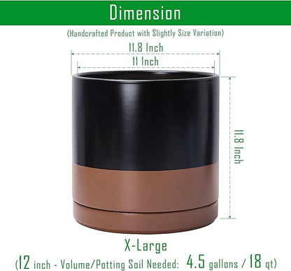 D'vine Dev 12 Inch Ceramic Planter Pot with Drainage Hole and Saucer, Indoor Cylinder Round Planter Pot, Black/Speckled Tan, 94-O-F-7