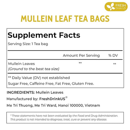FreshDrinkUS, Premium 15 Mullein Leaf Tea Bags For Lung, 100% Natural & Pure from Mullein Leaves. Loose Leaf Mullein Herbal Tea. Made with Natural Material Tea Bags. No Sugar, No Caffeine, No Gluten, Vegan.