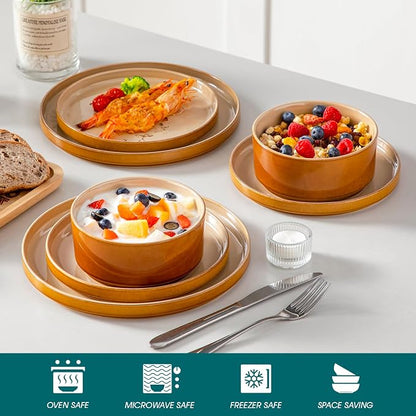 vancasso ONION Ceramic Plates and Bowls Sets, 12 Pieces Brown Dinnerware Sets