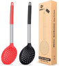 Kitchen Ladle Strainer Set of 2 Large Slotted Spoon with High Heat Resistant BPA Free Non Stick Cooking Skimmers For Draining and Frying (Black and Red)