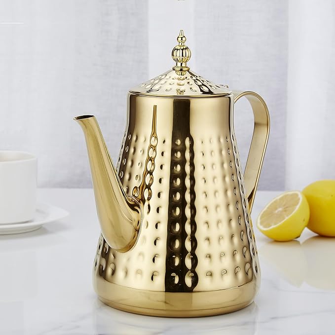 SANQIAHOME 1.8L(60oz) Stainless Steel Hammer Patterned Teapot With Removeable Infuser,Loose leaf cover,Gold