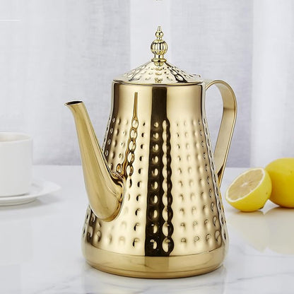 SANQIAHOME 1.8L(60oz) Stainless Steel Hammer Patterned Teapot With Removeable Infuser,Loose leaf cover,Gold