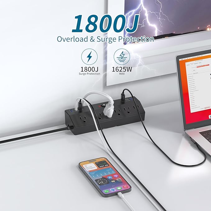 Desk Clamp Power Strip 2 USB C Desktop Mount Outlet Charging Station, 10FT Extension Cord Flat Plug with 6 AC, Removable 40W Fast Charging Surge Protector Power Strip Fits 1.8" Office Tabletop Edge