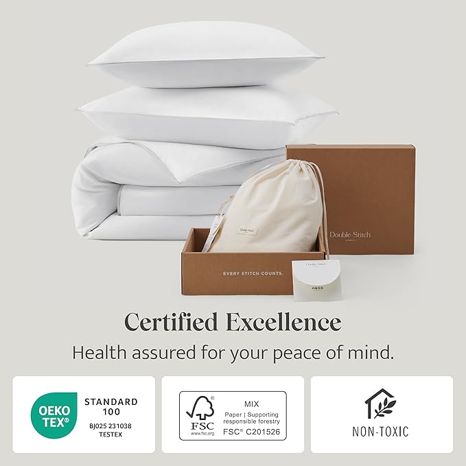 Double Stitch Cotton Tencel Duvet Cover - Queen Size Comforter Cover, Luxury & Soft Eucalyptus Lyocell Bedding for Hot Sleepers, Cooling & Breathable, Button Closure, Bright White Contrast, 90"x90"
