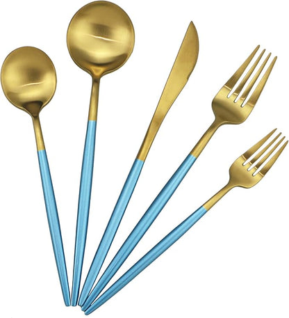Gugrida Blue Handle Matte Gold Silverware Set - 5-Piece 18/10 Stainless Steel Satin Finish Flatware, Kitchen Utensils, Tableware Travel Cutlery for Camping, Office, School Lunch - Dishwasher Safe