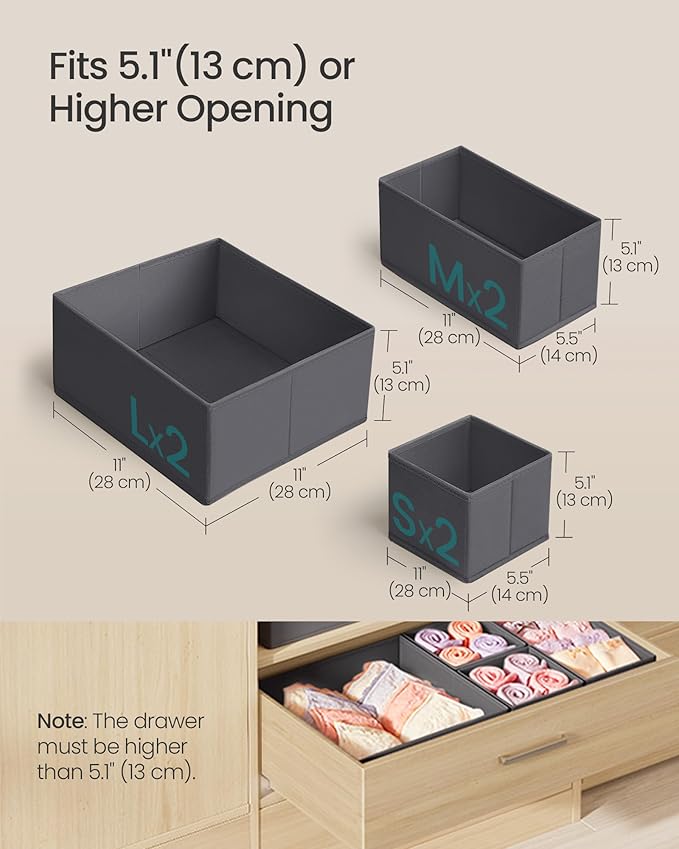 SONGMICS Drawer Organizer, Dresser Drawer Organizers, Set of 6, Foldable Fabric Storage Bins for Socks, Underwear, Bras, Ties, Scarves, Slate Gray URDZ06G